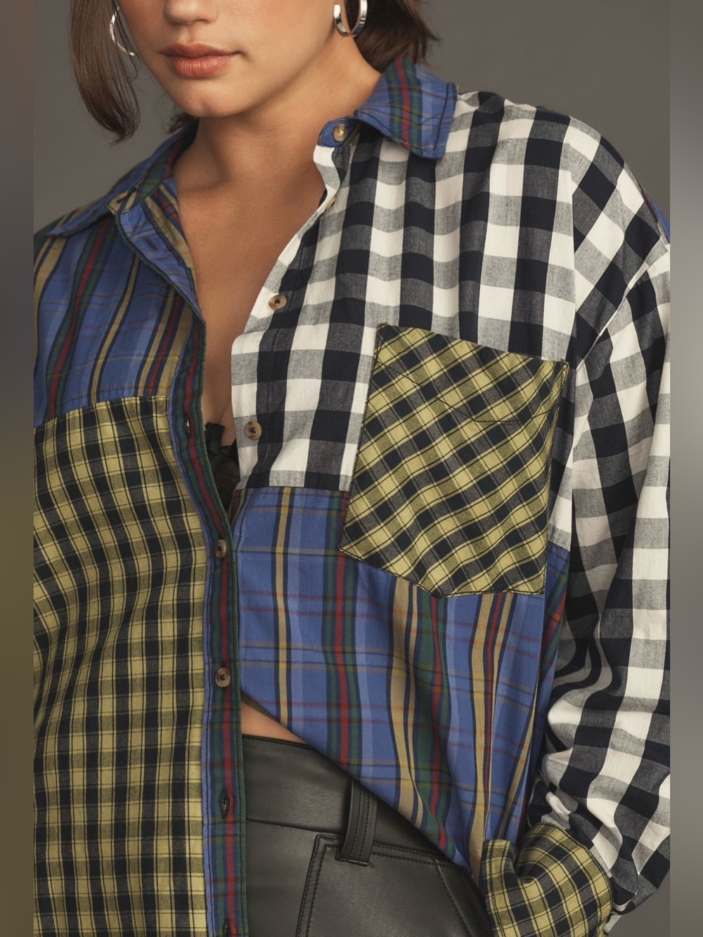 Anthropologie Maeve 100% Cotton Bennet Buttondown Shirt L Mixed Plaid Preppy